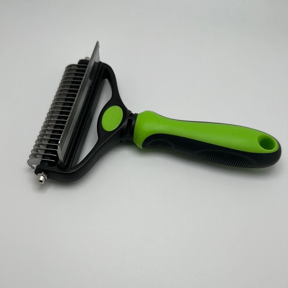 Green and Black Dog Deshedding Brush with Ergonomic Handle